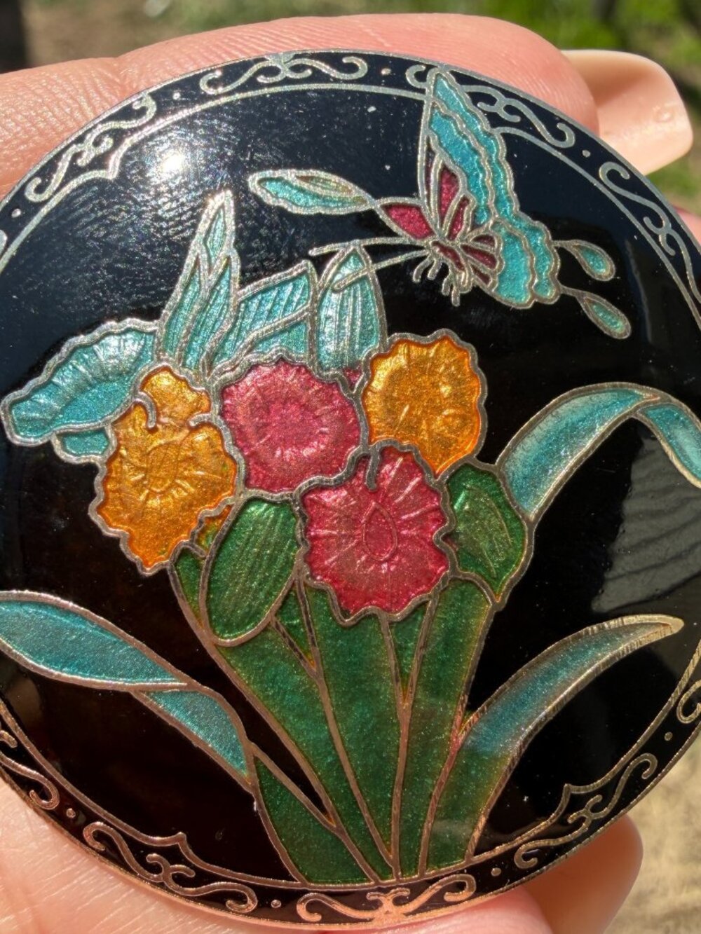 Cloisonne Butterfly Flowers Vintage Scarf Clip Enameled Floral Gold Tone Metal